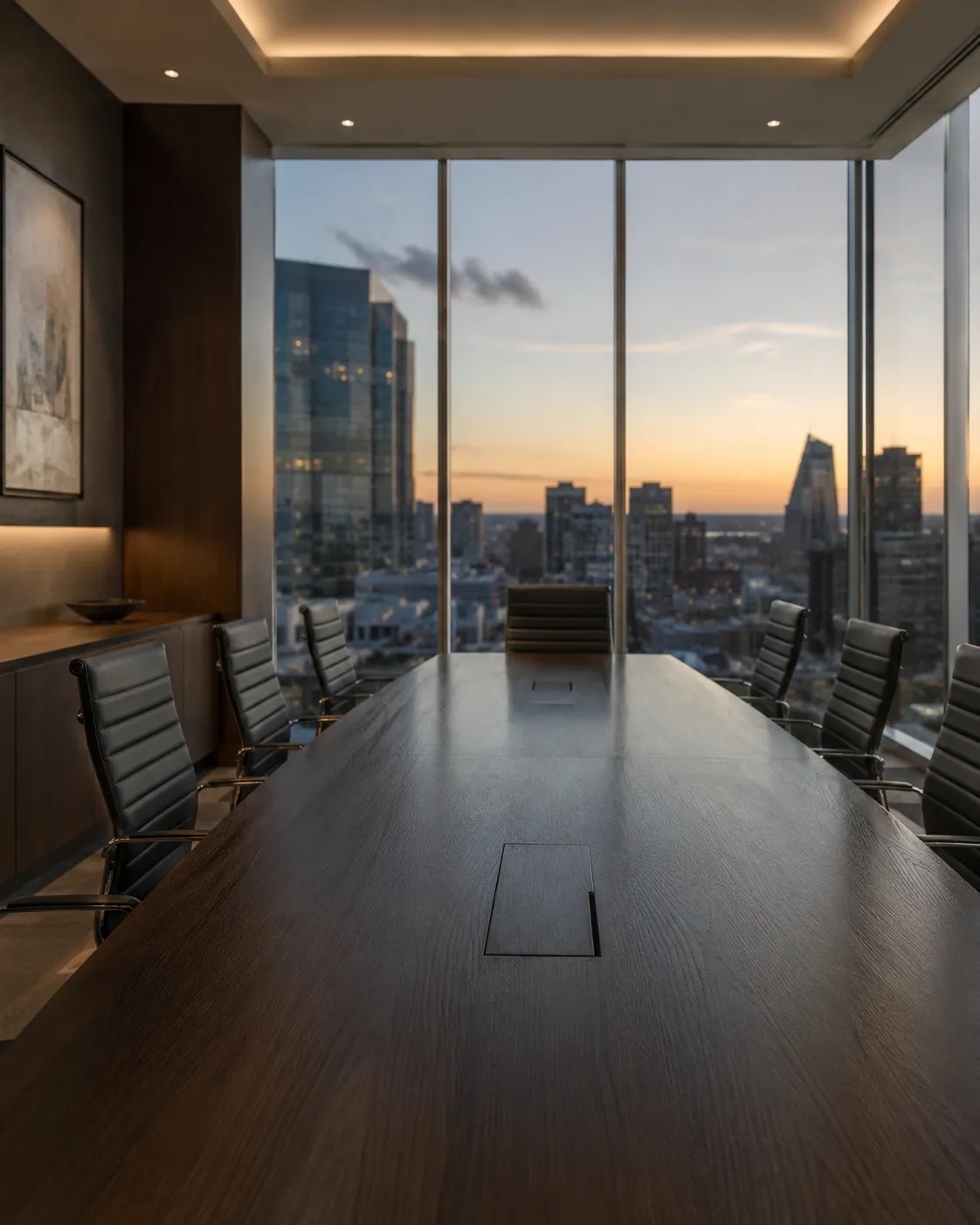 Executive boardroom overlooking the city skyline at dusk