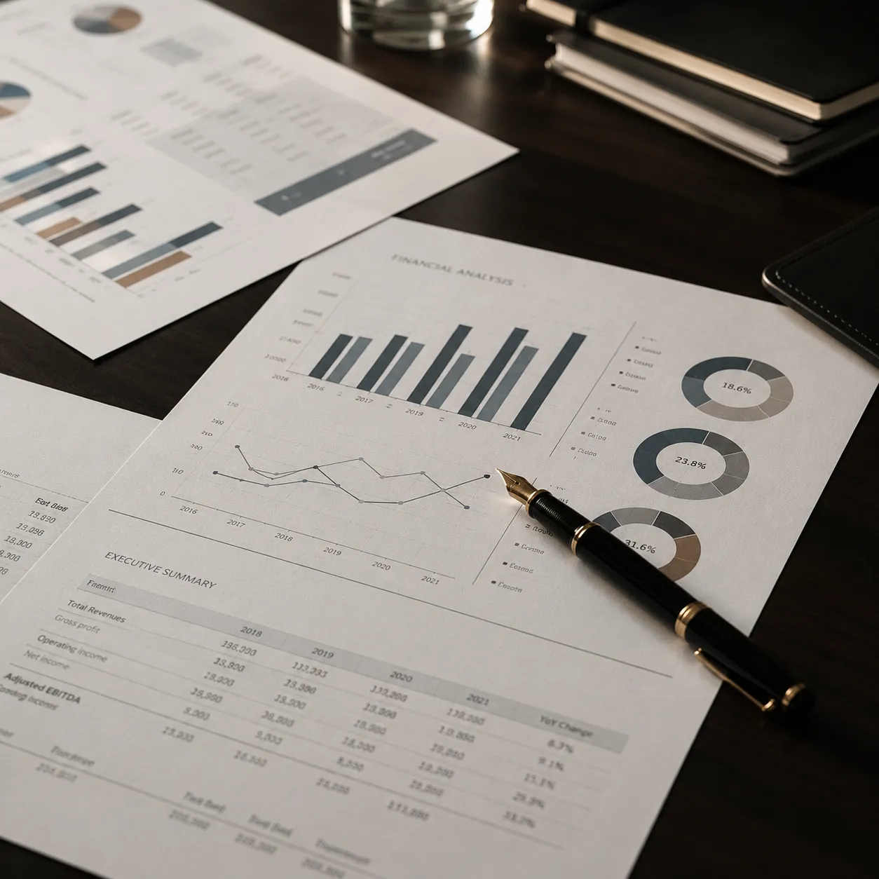 Financial analysis documents and a fountain pen on a desk