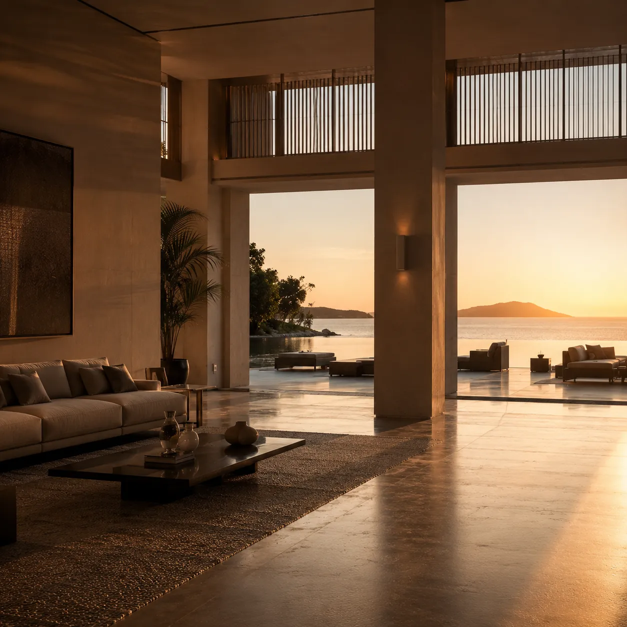 Minimalist hotel interior overlooking the sea at sunset