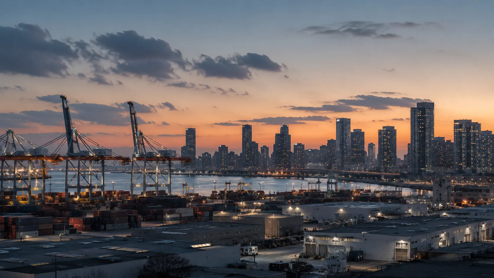 Industrial harbor at dusk with cranes, shipping containers and a city skyline behind