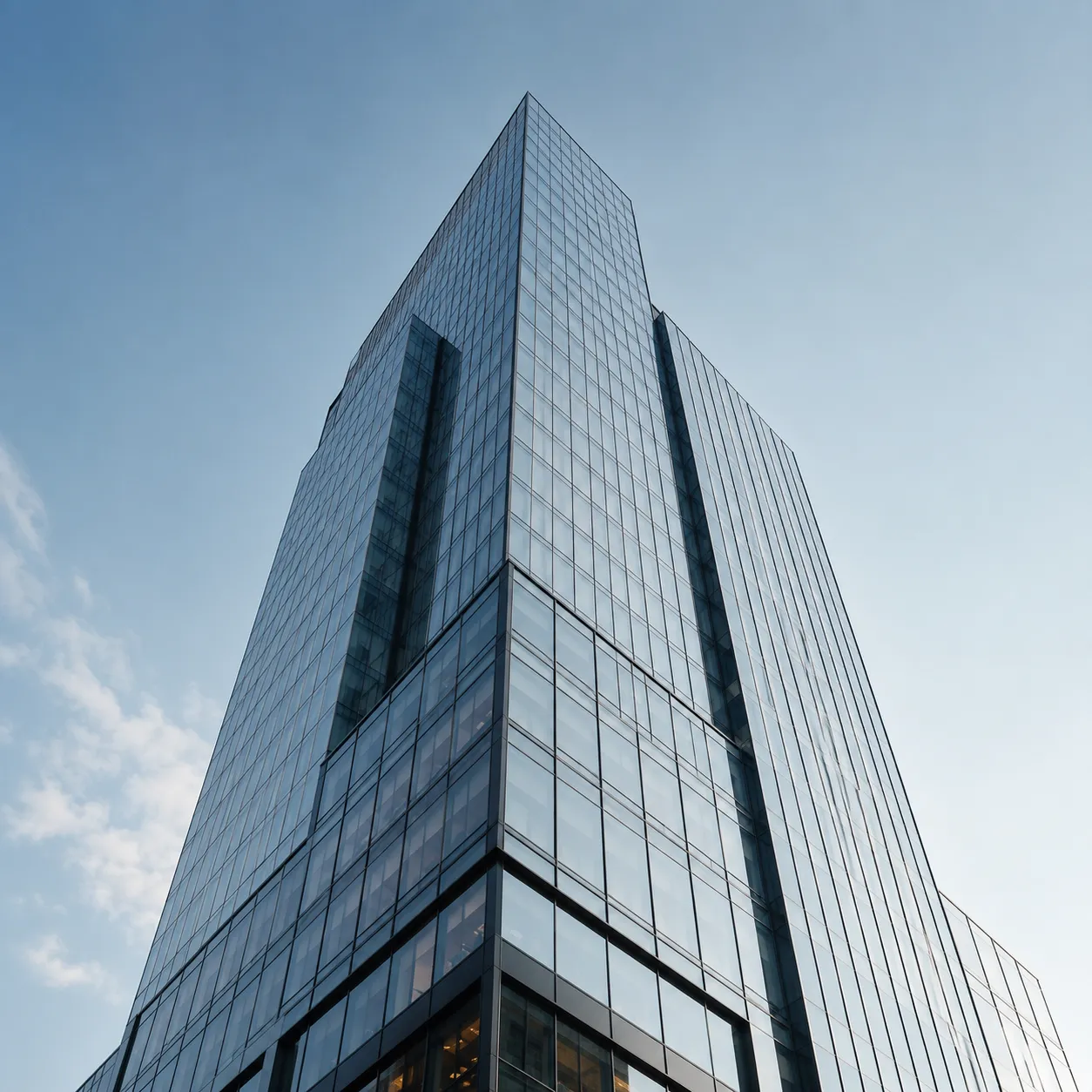 Low-angle view of a modern glass office tower